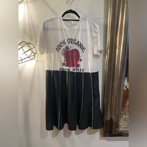 OOAK Upcycled tee with laser cut skirt detail White and Black Graphic Dress